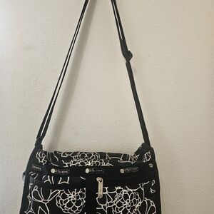 Lesportsac Black and White Floral Nylon Crossbody Shoulder Bag